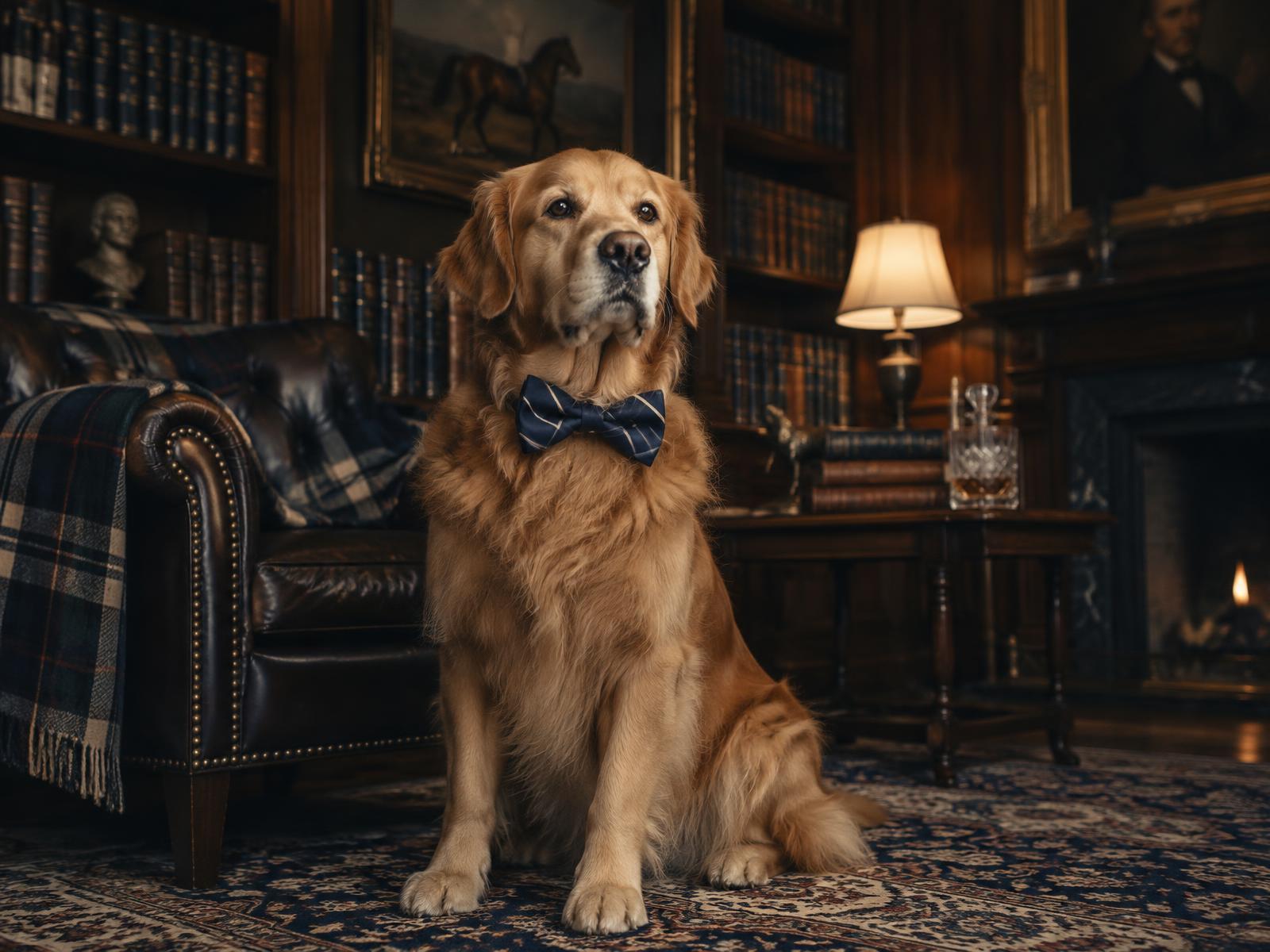 A golden retriever in a bow tie seated in a wood-panelled private library